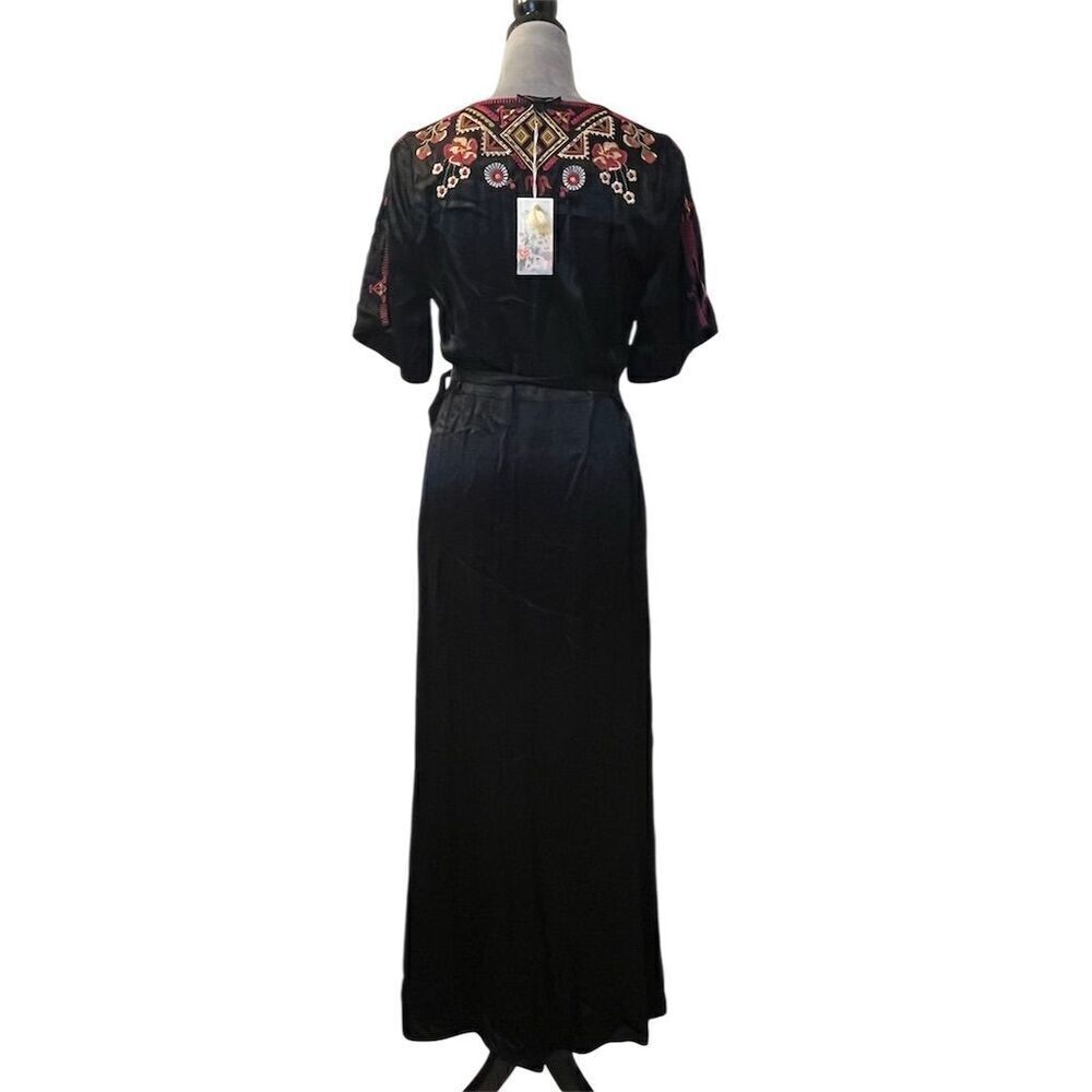 Johnny Was S Workshop Lilith Satin Floral Embroidered Wrap Dress Black Boho Chic - Picture 9 of 16